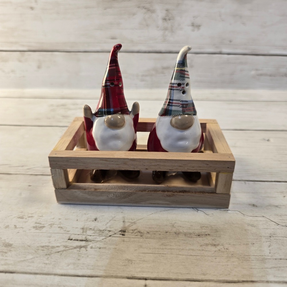 Christmas Gnome Salt and Pepper Shakers Set with Wooden Crate Plaid Hats Ceramic